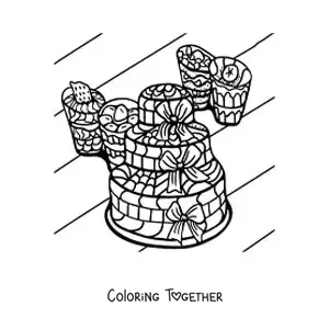 Coloring page of a cake next to several desserts