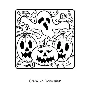 Coloring page of Halloween pumpkins together with a ghost