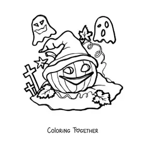 Coloring page of a jumbo Halloween pumpkin with a hat