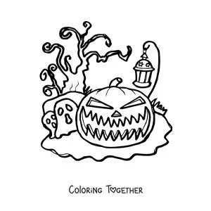 Coloring page of a scary Halloween pumpkin with a lantern