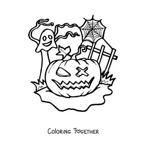 Coloring page of a scary Halloween pumpkin with a ghost and cobwebs