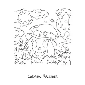 Coloring page of a kawaii Halloween pumpkin with a hat and candles