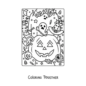 Coloring page of a cute Halloween pumpkin with a ghost and candy