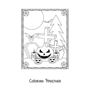 Coloring page of spooky Halloween pumpkins with graves and bats