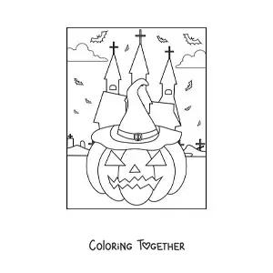 Coloring page of a simple Halloween pumpkin with a hat and bats