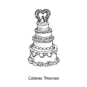 Coloring page of a wedding cake decorated with a heart
