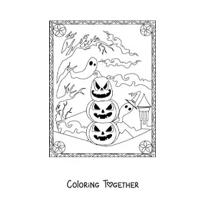 Coloring page of scary Halloween pumpkins with ghosts