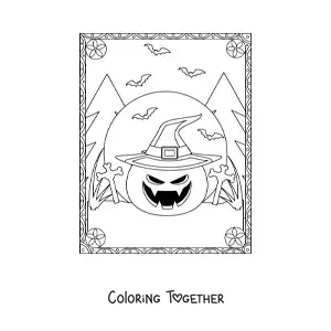 Coloring page of scary Halloween pumpkins with a hat