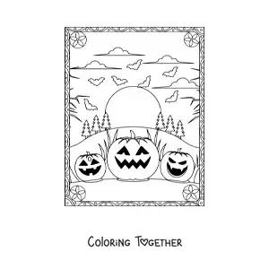 Coloring page of scary Halloween pumpkins with bats
