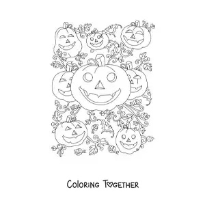 Coloring page of beautiful Halloween pumpkins with autumn leaves