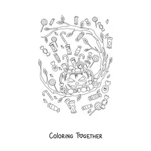 Coloring page of a spooky Halloween pumpkin with candy