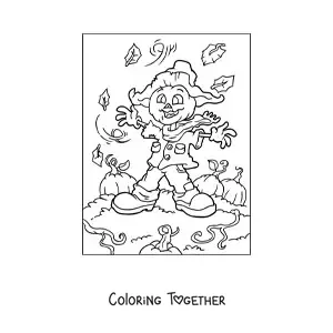 Coloring page of a scarecrow with a Halloween pumpkin face