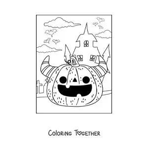 Coloring page of a spooky kawaii Halloween pumpkin