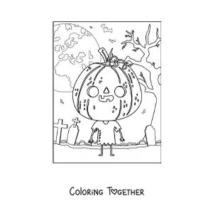 Coloring page of a cartoon character with a Halloween pumpkin mask