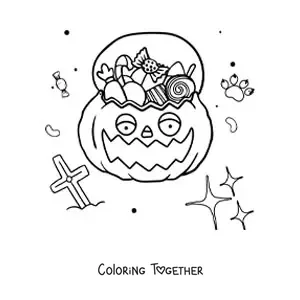 Coloring page of a cartoon Halloween pumpkin with candy