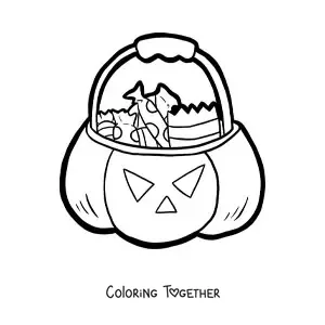 Coloring page of a big Halloween pumpkin with candy
