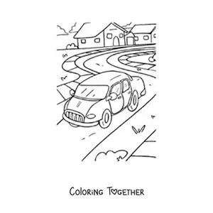 Coloring page of a car on a road with houses in the background
