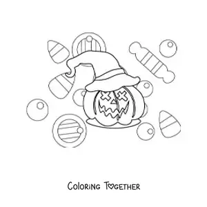 Coloring page of a simple Halloween pumpkin with a hat and candy