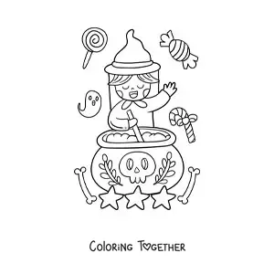 Coloring page of a kawaii witch with a cauldron