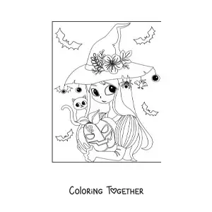 Coloring page of a cute witch with a cat and a Halloween pumpkin