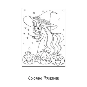 Coloring page of a kawaii witch with Halloween pumpkins