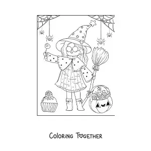 Coloring page of a kawaii Halloween witch with candy
