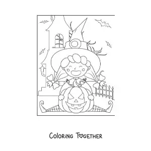 Coloring page of a cartoon little witch with a Halloween pumpkin