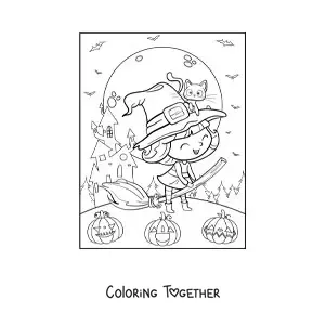 Coloring page of a kawaii good witch flying on a broom with a cat