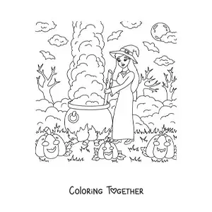Coloring page of a cute witch with a cauldron