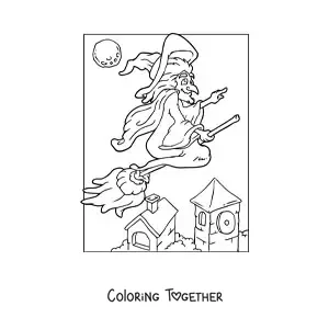 Coloring page of a wicked witch flying on a broom