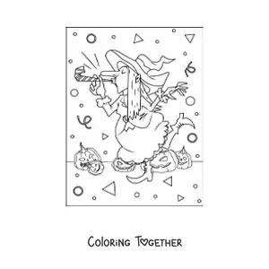 Coloring page of a funny witch at a Halloween party