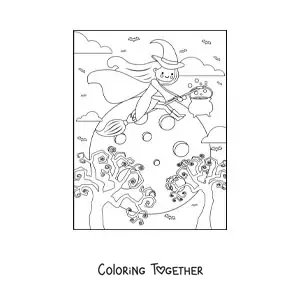 Coloring page of a cartoon kawaii little witch flying with a full moon