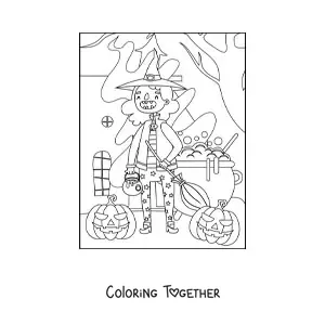 Coloring page of a cartoon little witch with a cauldron