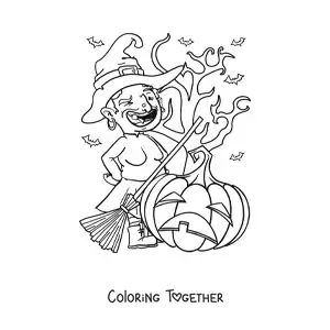 Coloring page of an ugly cartoon witch with a Halloween pumpkin