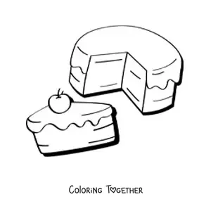 Coloring page of a cake and a cake slice with a cherry