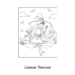 Coloring page of a cute witch