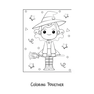 Coloring page of a kawaii witch with a broom