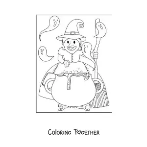 Coloring page of an ugly witch cooking a potion