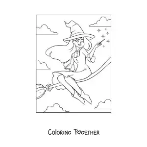 Coloring page of a cute sorceress witch flying on a broom