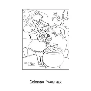Coloring page of a kawaii witch brewing a potion under a full moon
