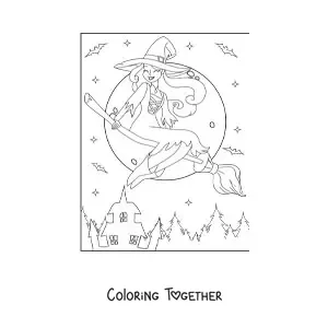 Coloring page of a beautiful witch flying with a full moon