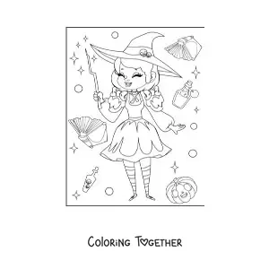 Coloring page of a cute cartoon witch laughing
