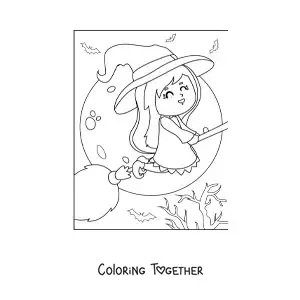 Coloring page of a kawaii witch flying with a full moon