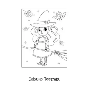 Coloring page of a kawaii little witch with a broom and bats