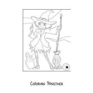 Coloring page of a cartoon little witch with a broom and potion