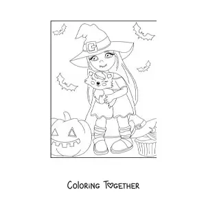 Coloring page of a kawaii little witch with a cat and a Halloween pumpkin