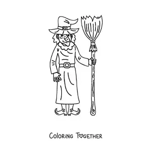 Coloring page of a wicked witch with a broom