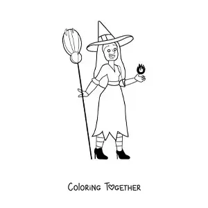 Coloring page of a pretty witch