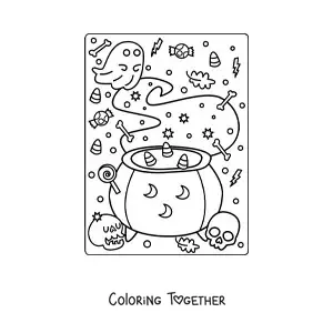 Coloring page of a witch cauldron with a ghost and Halloween candy