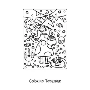 Coloring page of a cartoon witch at a Halloween party
